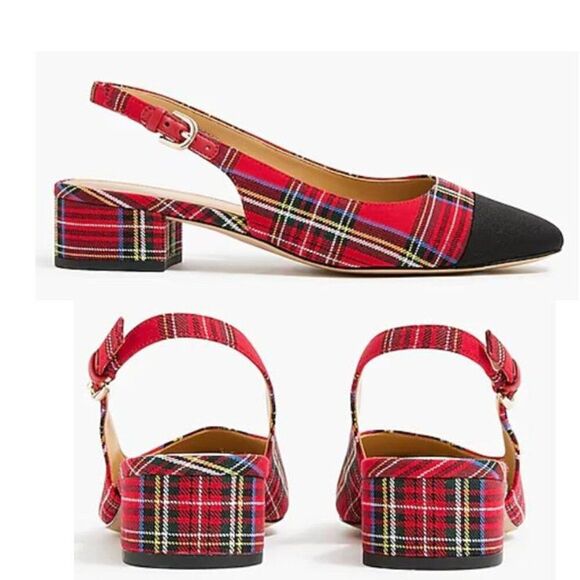 J. Crew Women's Plaid Flat Shoes Slingback Pointed Toe Party Red - Picture 1 of 10
